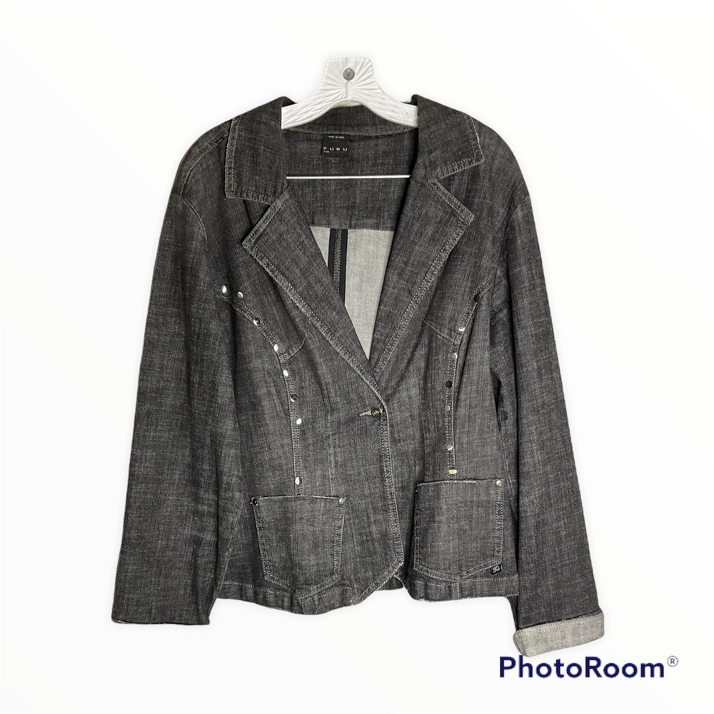 Fubu ladies black distressed‎ denim jacket size 2x